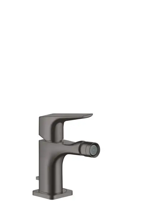 Ein AXOR Bidetmischer in Brushed Black Chrome mit Hebelgriff und Zugstangen-Ablaufgarnitur. Ergonomisches Design, geeignet für moderne Badezimmer.